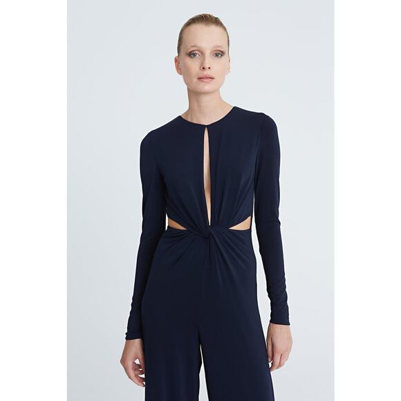 NWT Halston Kathryn Navy Jersey Twist Front Jumpsuit with Cutouts Size 2, 10 - Picture 2 of 5